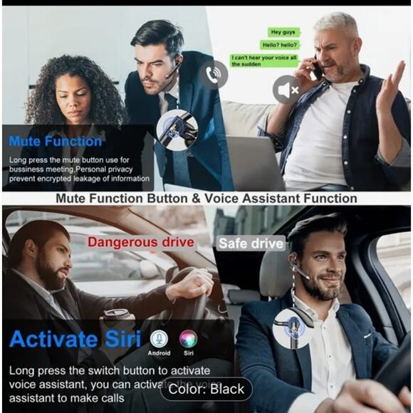 NWT ~ Wireless Headset ~ Siri ~ Mute~ Long Battery Life~ Bluetooth ~Noise Cancel - Picture 6 of 11